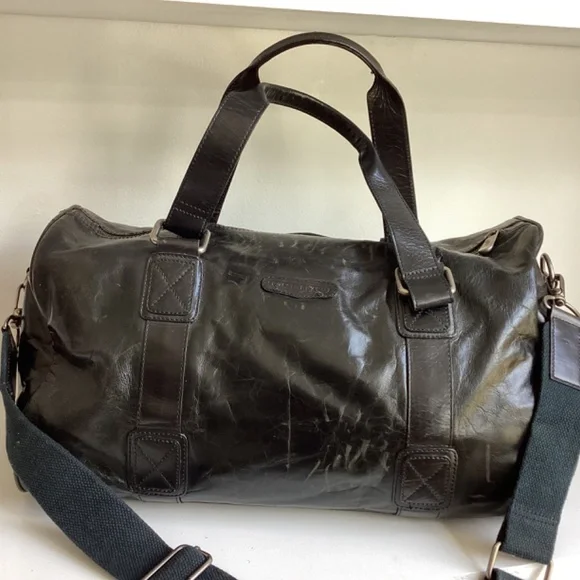 MEN’S FOSSIL BRAND BLACK LEATHER DUFFLE TRAVEL LARGE BAG - Picture 3 of 16